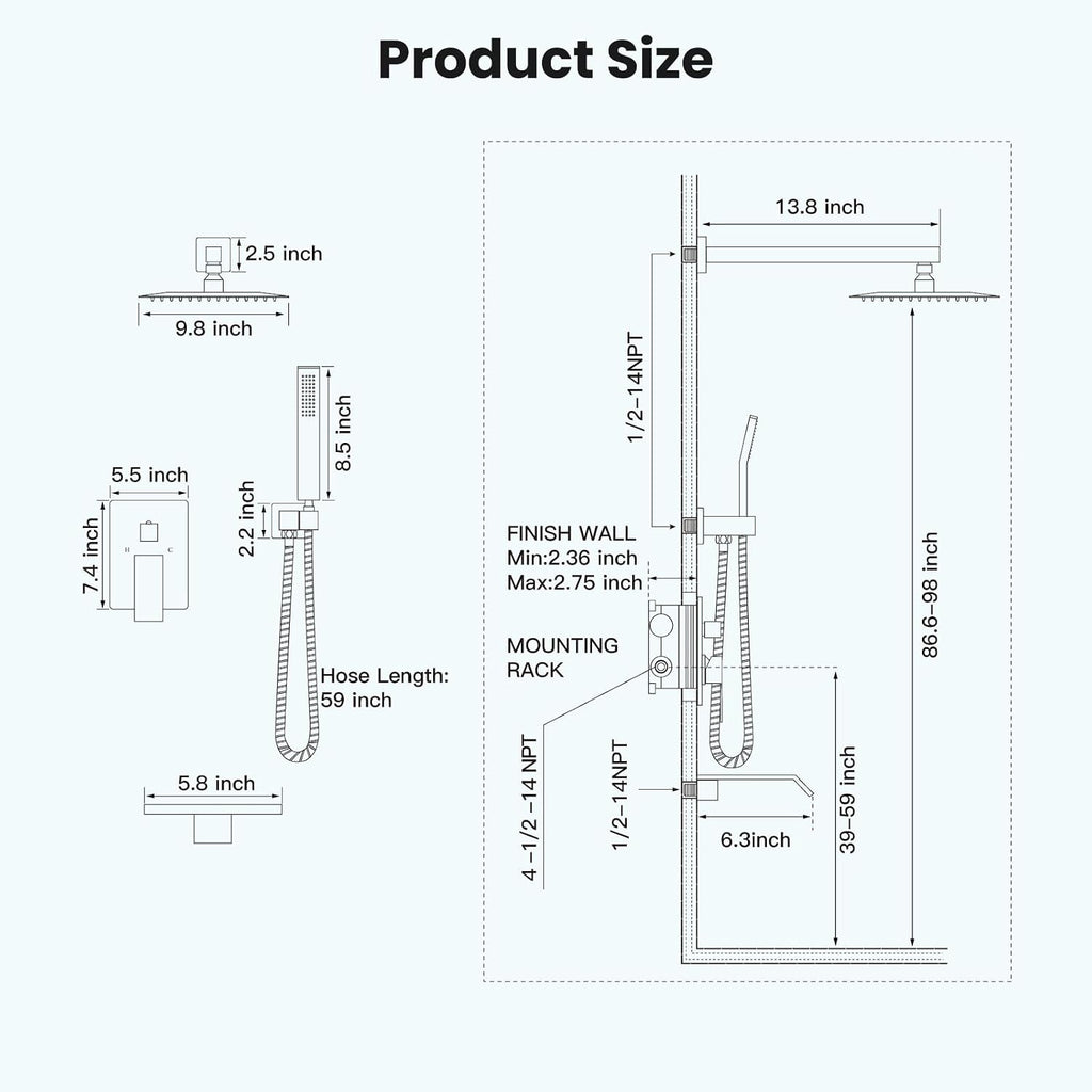 gotonovo 10'' Rain Shower Faucet System Rainfall Shower Head with Handheld Sprayer Waterfall Tub Spout Wall Mounted Mixer Combo Rough-in Valve and Trim Included 5.7 Inch Wide Spout Matte Black