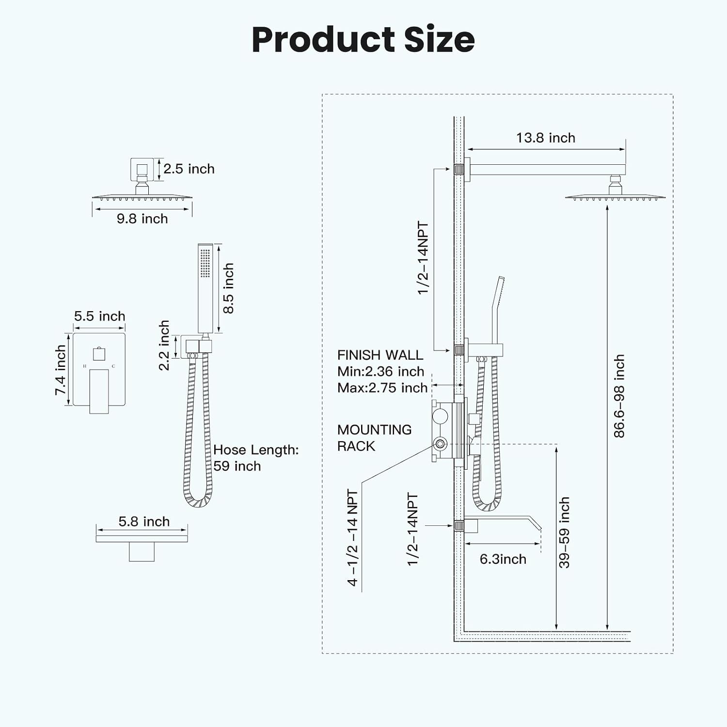 gotonovo 10'' Rain Shower Faucet System Rainfall Shower Head with Handheld Sprayer Waterfall Tub Spout Wall Mounted Mixer Combo Rough-in Valve and Trim Included 5.7 Inch Wide Spout Matte Black