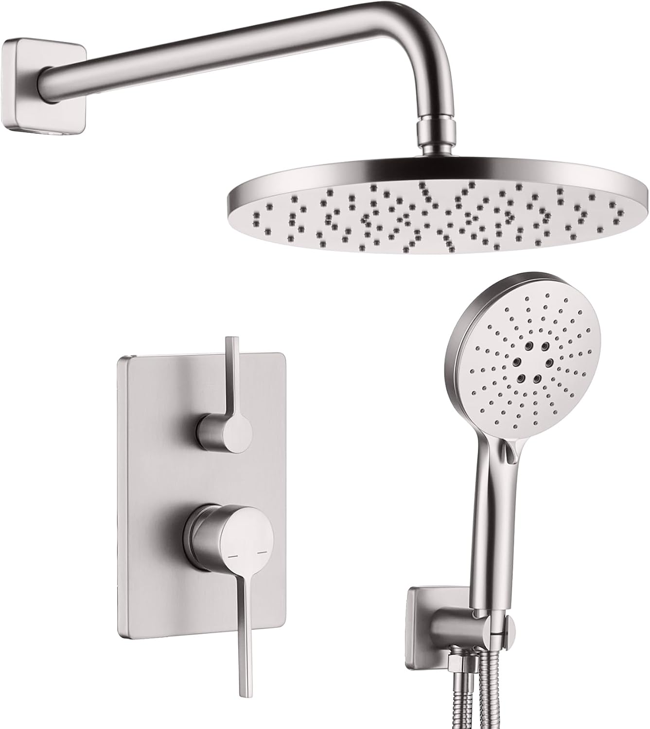 Shower Faucet Mixer Set Includes 10-Inch Rained Shower Head, 3-Setting Handheld Spray and Pressure Balance Valve Wall Mounted Brushed Nickel SF001BR-D10