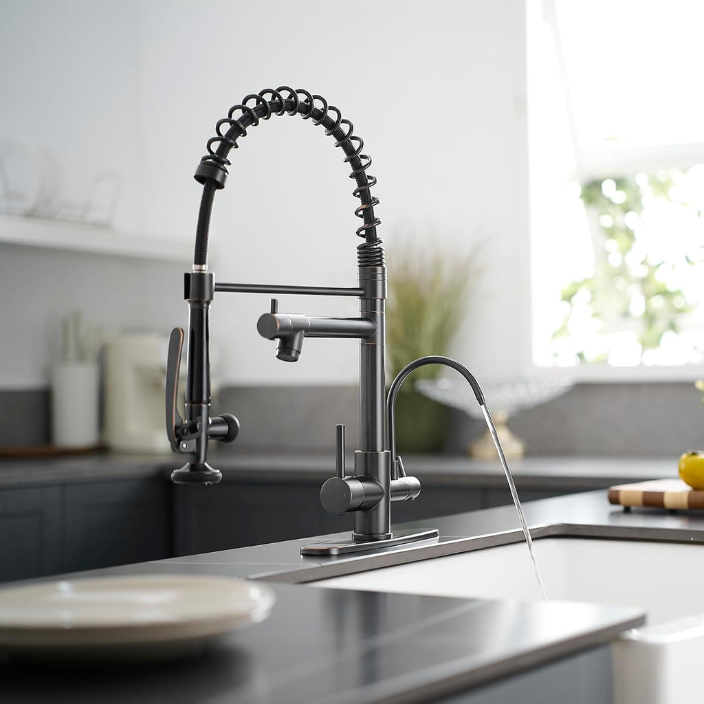 Fapully 3 in 1 Kitchen Faucet with Water Filler and Pull Down Sprayer, Oil Rubbed Bronze Commercial Kitchen Sink Faucet with Drinking Water Faucet for 1 or 3 Hole