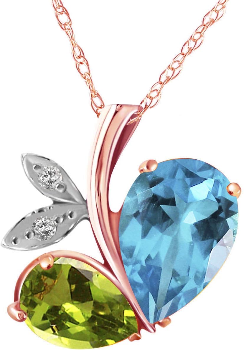 Galaxy Gold GG 5.26 CTW 14k Solid Gold Modern Heart Necklace Combination of Natural Blue Topaz, Peridot and Diamonds