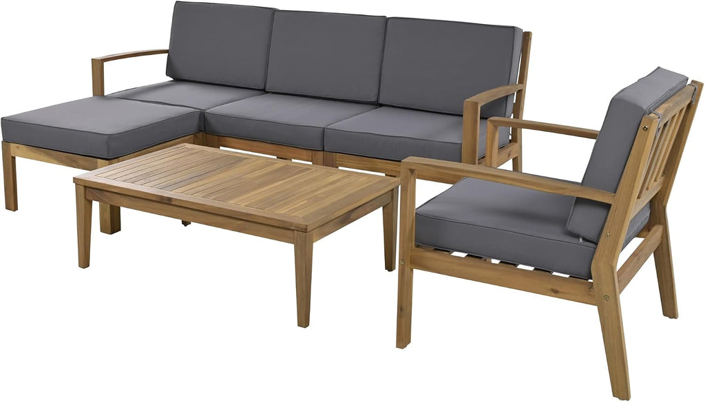 6-Piece Outdoor Patio Conversation Furniture Set, Acacia Wood Sectional Sofa Set with Coffee Table and Removable Cushion for Garden Backyard and Poolside (Grey-CC)