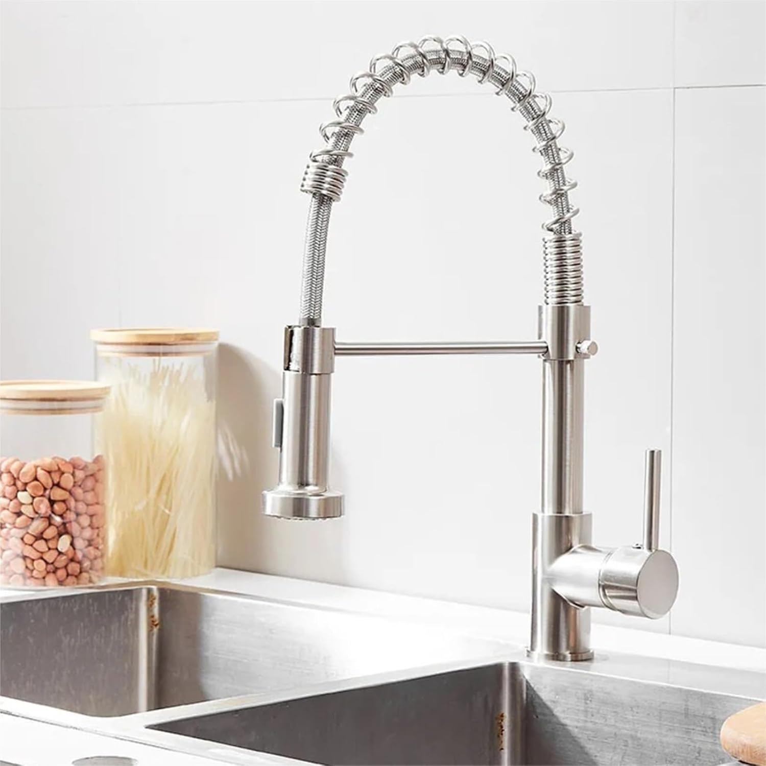 Kitchen Faucet Hot and Cold Spring Brass 360° Rotating Sink Tap Two Function Spray(Brushed Nickel)