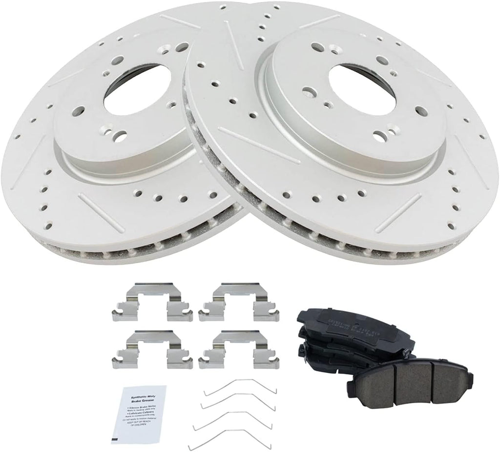 TRQ Performance Front Brake Pad and Rotor Set Ceramic G Coated Drilled Slotted Vented Rotors Compatible with 2011 Honda Accord Crosstour 2012-2016 CR-V 2012-2015 Crosstour
