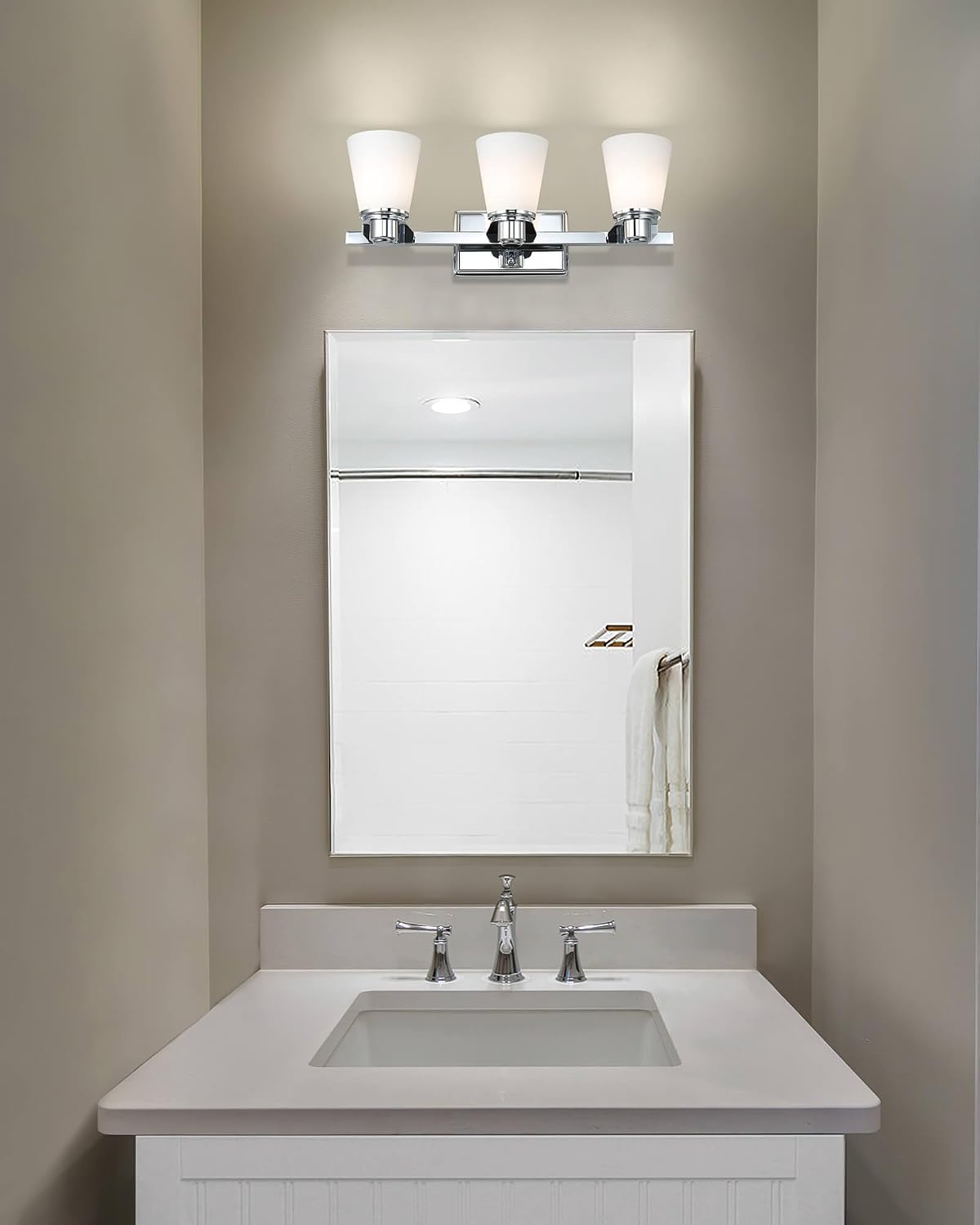 XiNBEi Lighting Opal Glass Bathroom Vanity Light Over Mirror, 3 Light Chrome Bathroom Light Fixtures with White Glass, Modern Vanity Lighting Wall Mount Fixture XB-W220-3-CH