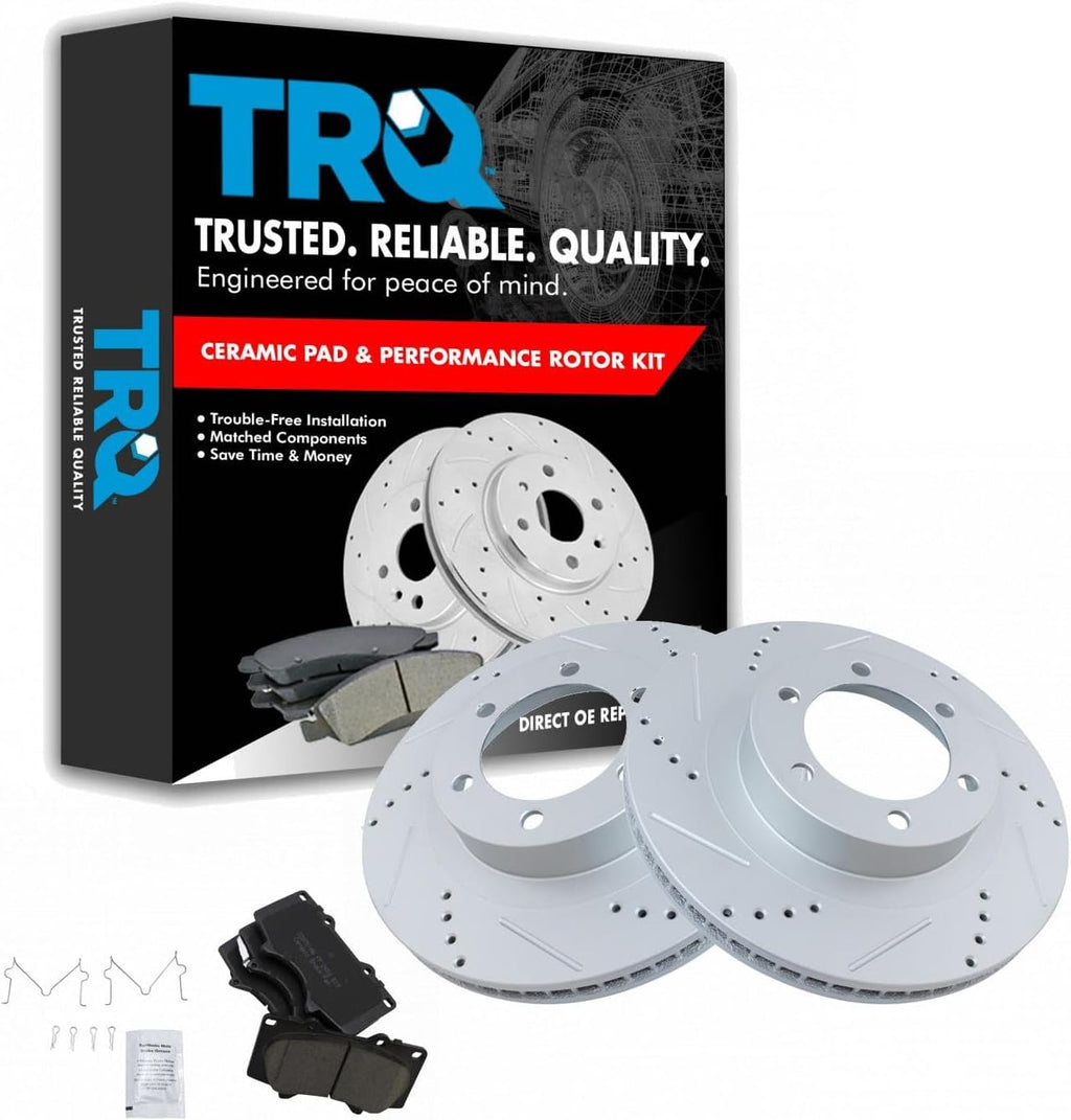 TRQ Performance Front Brake Pad and Rotor Set Ceramic Coated Drilled Slotted Vented Rotors Compatible with 2003-2009 Lexus GX470 Toyota 4Runner