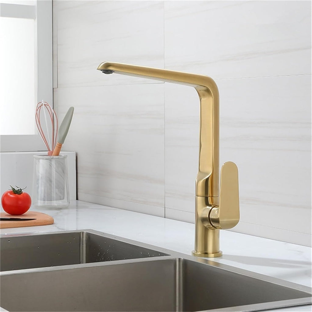 Kitchen Mixer Faucets Sink Taps Hot & Cold Brass Water Crane Single Handle Deck Mount Rotate Faucet(Brushed Gold)