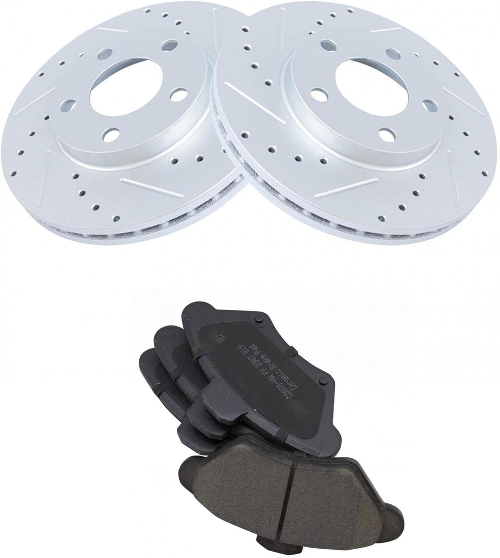TRQ Performance Front Brake Pad and Rotor Set Ceramic Coated Drilled Slotted Vented Rotors Compatible with 1994-1998 Ford Mustang