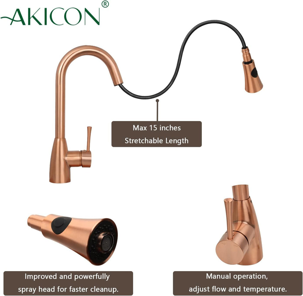 Akicon Copper Kitchen Faucet with Soap Dispenser, Single Handle Solid Brass High Arc Pull Down Sprayer Head Kitchen Sink Faucets with Deck Plate AK96455