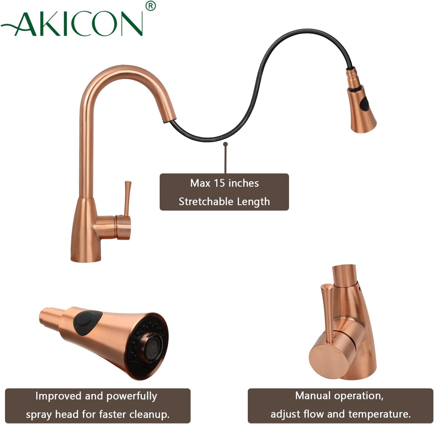 Akicon Copper Kitchen Faucet with Soap Dispenser, Single Handle Solid Brass High Arc Pull Down Sprayer Head Kitchen Sink Faucets with Deck Plate AK96455