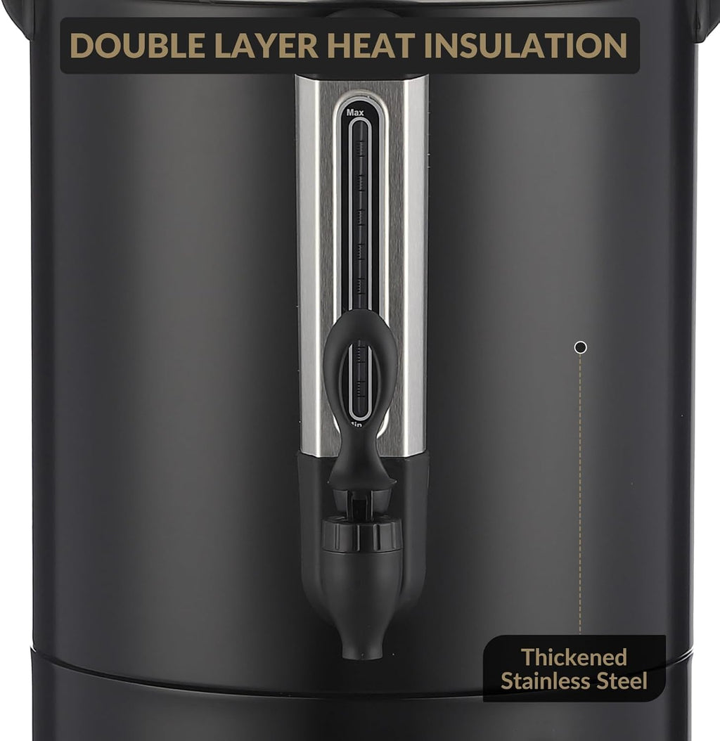 Towallmark Commercial Stainless Steel Coffee Urn 120 Cup, 18L Hot Water Dispenser with Percolator System, Two-Way Faucets for Large Events, Metallic Black Beverage Server