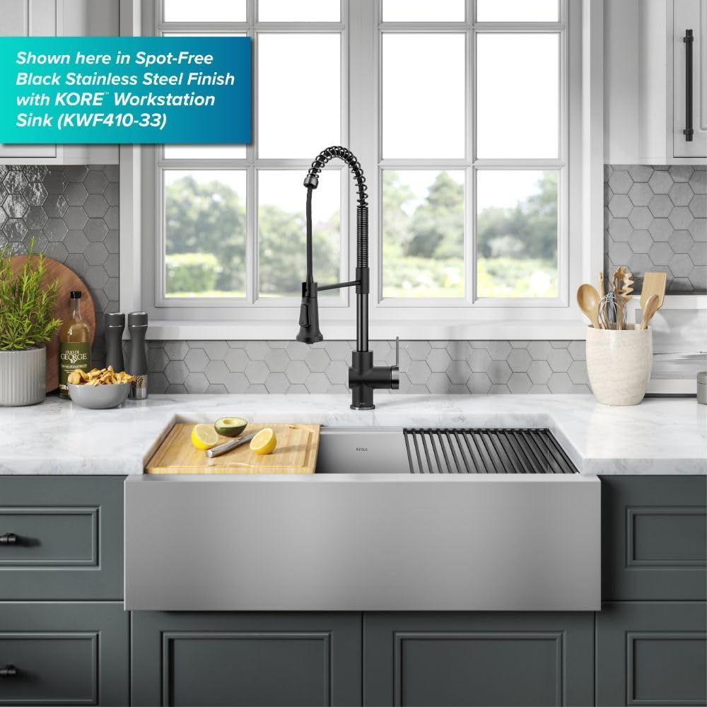 KRAUS Britt Commercial Style Single Handle Pull Down Kitchen Faucet in Spot-Free Stainless Steel/Matte Black, KPF-1691SFSMB
