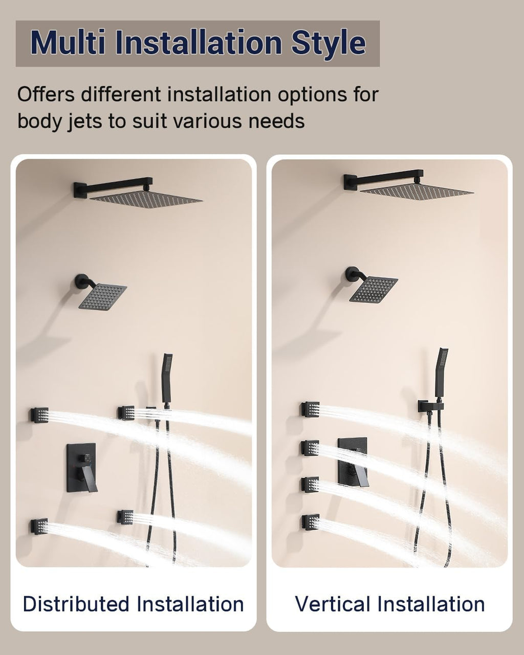 Dual Rainfall Shower Head System with 4 Body Jets, JetsBath Shower Faucet Set Double Shower Head 6-Inch Shower Head & 12' Rain Shower, Luxury Matte Black Shower Faucet Set,Wall-Mounted Shower System
