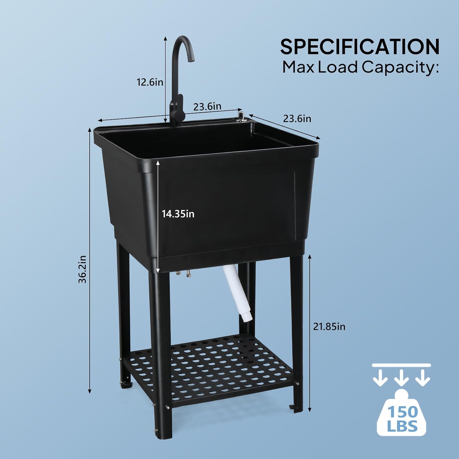 VINGLI 21-Gallon Utility Sink Laundry Tub for Washing Room, 23.6'×23.6'×36.2' Freestanding Utility Sink with Stainless Steel Faucet, Black