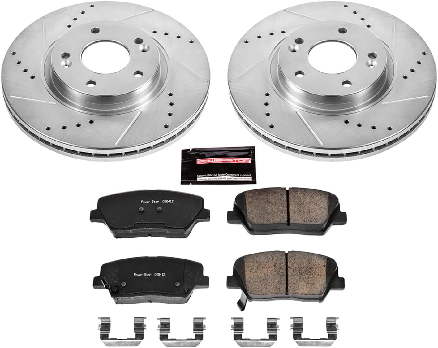 PowerStop Front Brake Kit for Hyundai Santa Fe 2010-12 | Kia Sorento 2011-13 - Drilled and Slotted Disc Rotors with Carbon-Fiber Ceramic Brake Pads Replacement, K5926