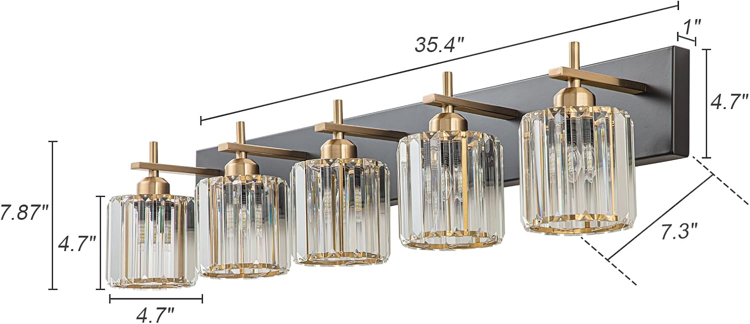 Modern Crystal Bathroom Vanity Lights, Black Gold 5-Lights Bathroom Light Fixtures Over Mirror, Crystal Wall Lighting with Polished Gold Finish(Exclude Bulb)