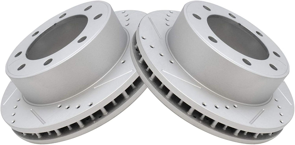 TRQ Performance Front Brake Pad and Rotor Set Ceramic Drilled Slotted G Coated Vented Rotors Compatible with 2000-2005 Ford Excursion 2000-2004 F-250 Super Duty F-350 Super Duty