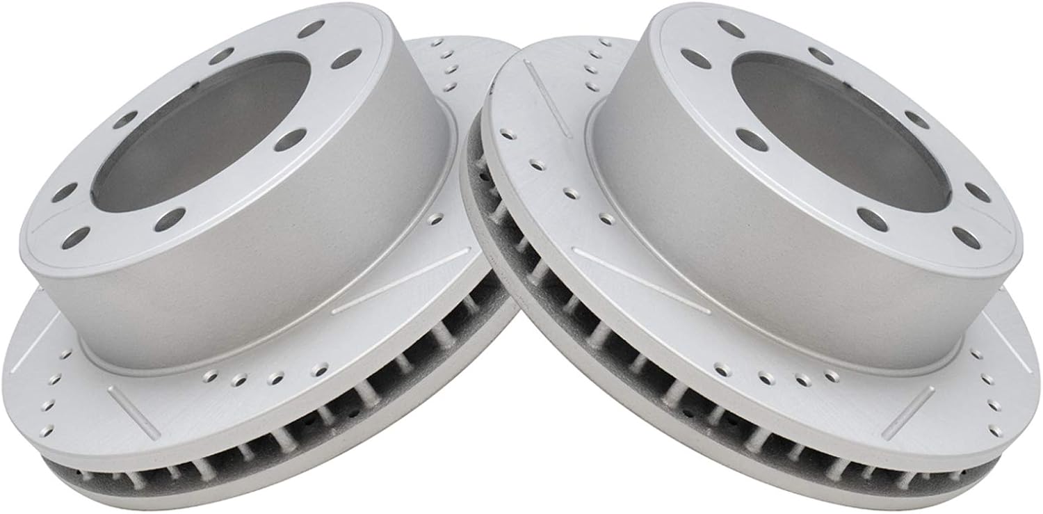 TRQ Performance Front Brake Pad and Rotor Set Ceramic Drilled Slotted G Coated Vented Rotors Compatible with 2000-2005 Ford Excursion 2000-2004 F-250 Super Duty F-350 Super Duty