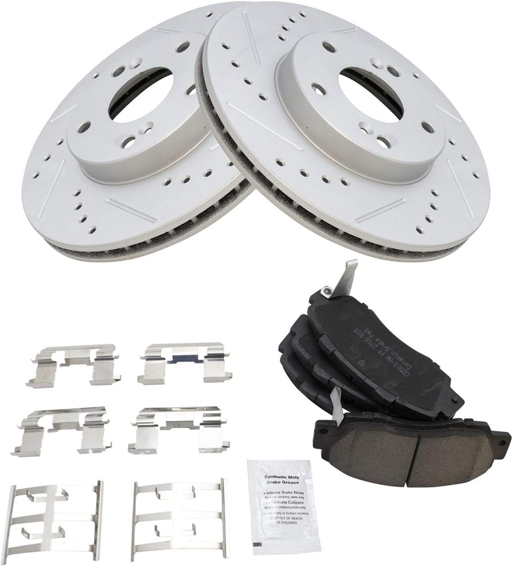TRQ Performance Front Brake Pad and Rotor Set Ceramic Coated Drilled Slotted Vented Rotors Compatible with 1998-2002 Honda Accord