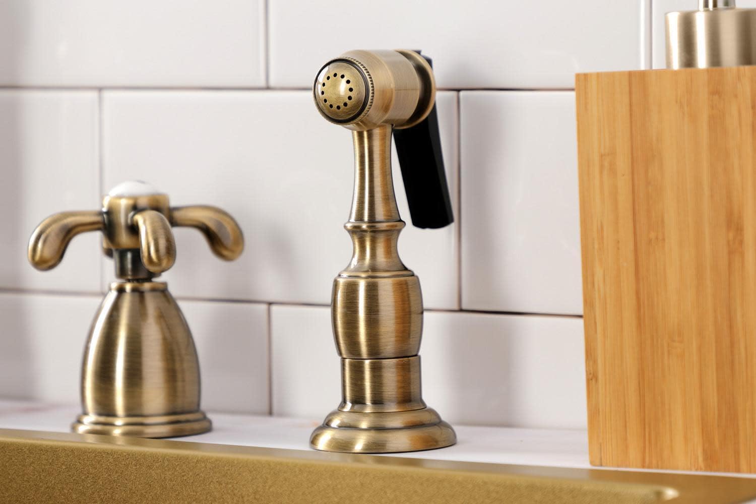 Kingston Brass KB1798TXBS French Country Widespread Kitchen Faucet with Brass Sprayer, Brushed Nickel