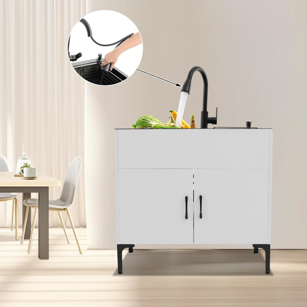 32-Inch Utility Sink Cabinet with Pull-Out Sprayer Fauce, Laundry Sink with Cabinets and Stainless Steel Double Sinks, Freestanding Cabinet with Sink for Laundry&Utility Room, Kitchen, Bathroom