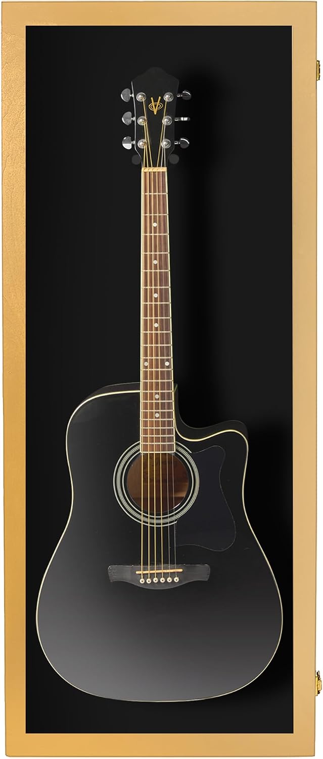 PENNZONI Acoustic Guitar Display Case - Acrylic Acoustic Guitar Case - Guitar Display Case Wall Mount Made from Hardwood Frame & Clear Acrylic - Golden Oak w/Black Felt