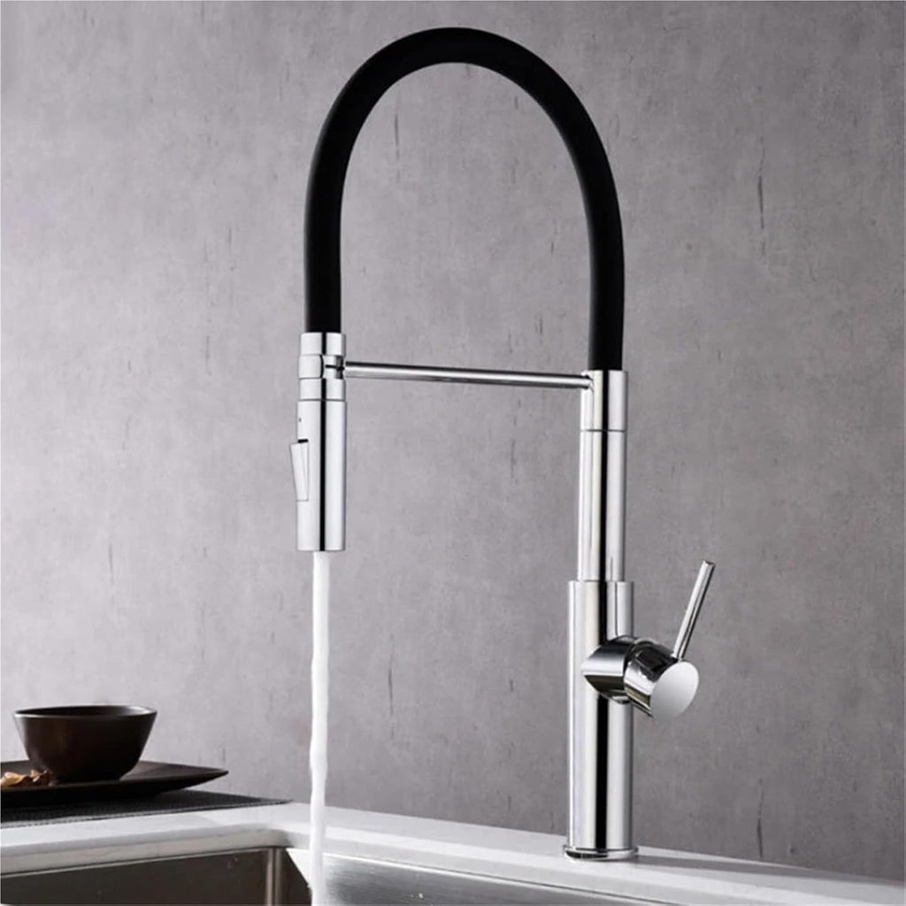 304 Stainless Steel Kitchen Faucet Black Hose Silicone Pull Type Cold and Hot Water Electrical Integrated Sink(Chrome Color)