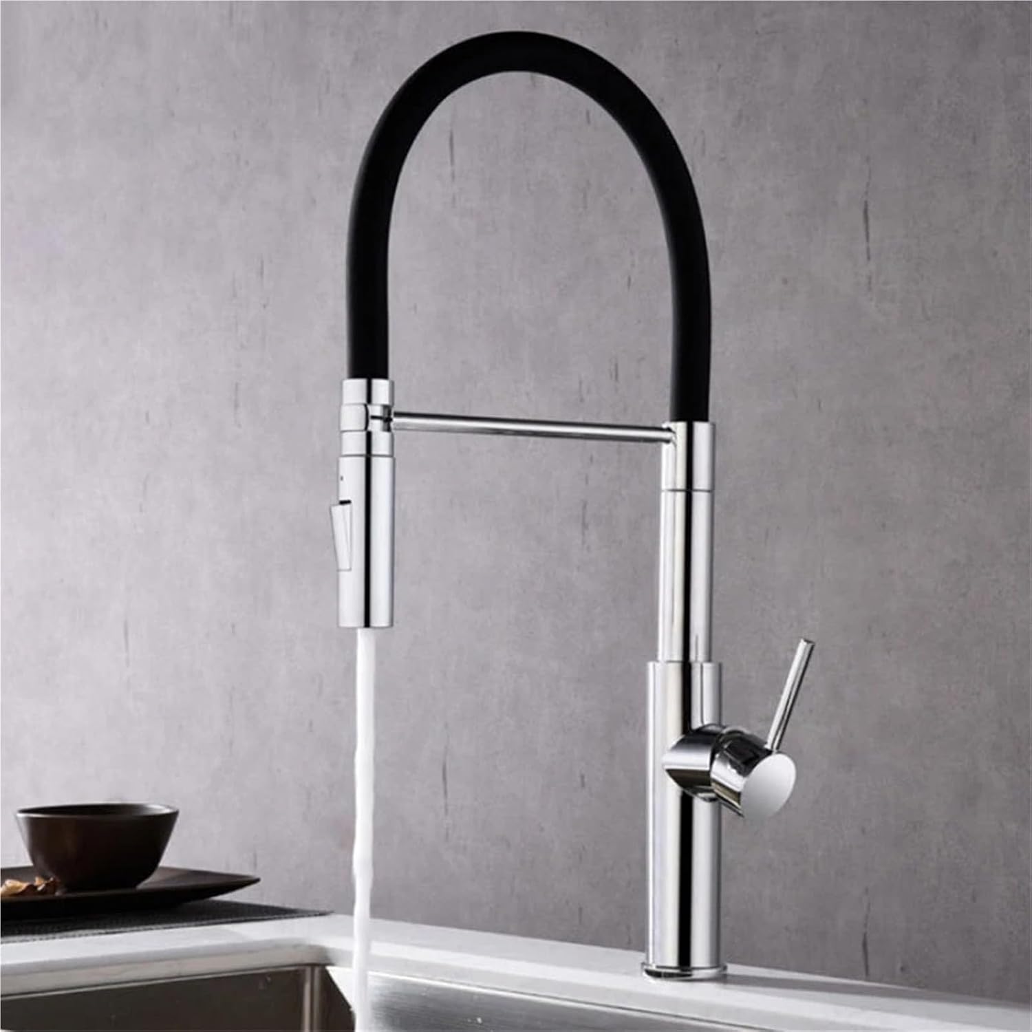 304 Stainless Steel Kitchen Faucet Black Hose Silicone Pull Type Cold and Hot Water Electrical Integrated Sink(Chrome Color)