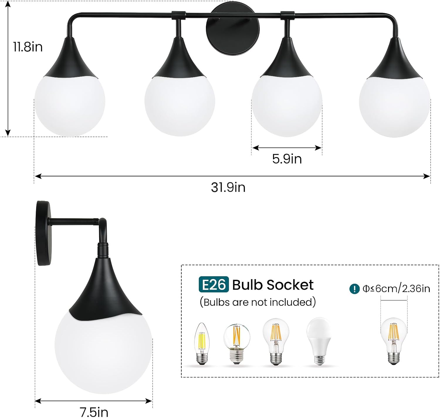 Bathroom Vanity Light Fixtures: 4-Light Mid Century Modern Bathroom Lighting Fixtures Over Mirrors - Matte Black Wall Sconce with Milky Glass Ball Shade for Bath Bedroom