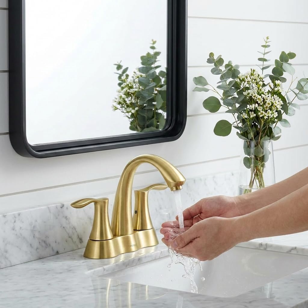 Lava Odoro Brushed Gold Bathroom Faucet 3 Hole, 2 Handle Bathroom Sink Faucet, 4 Inch Centerset Bathroom Faucet with Drain Assembly, BF423-SG