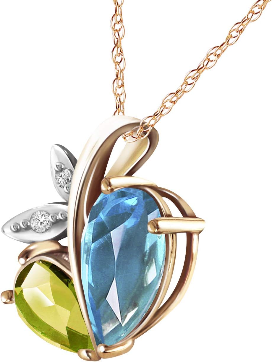 Galaxy Gold GG 5.26 CTW 14k Solid Gold Modern Heart Necklace Combination of Natural Blue Topaz, Peridot and Diamonds