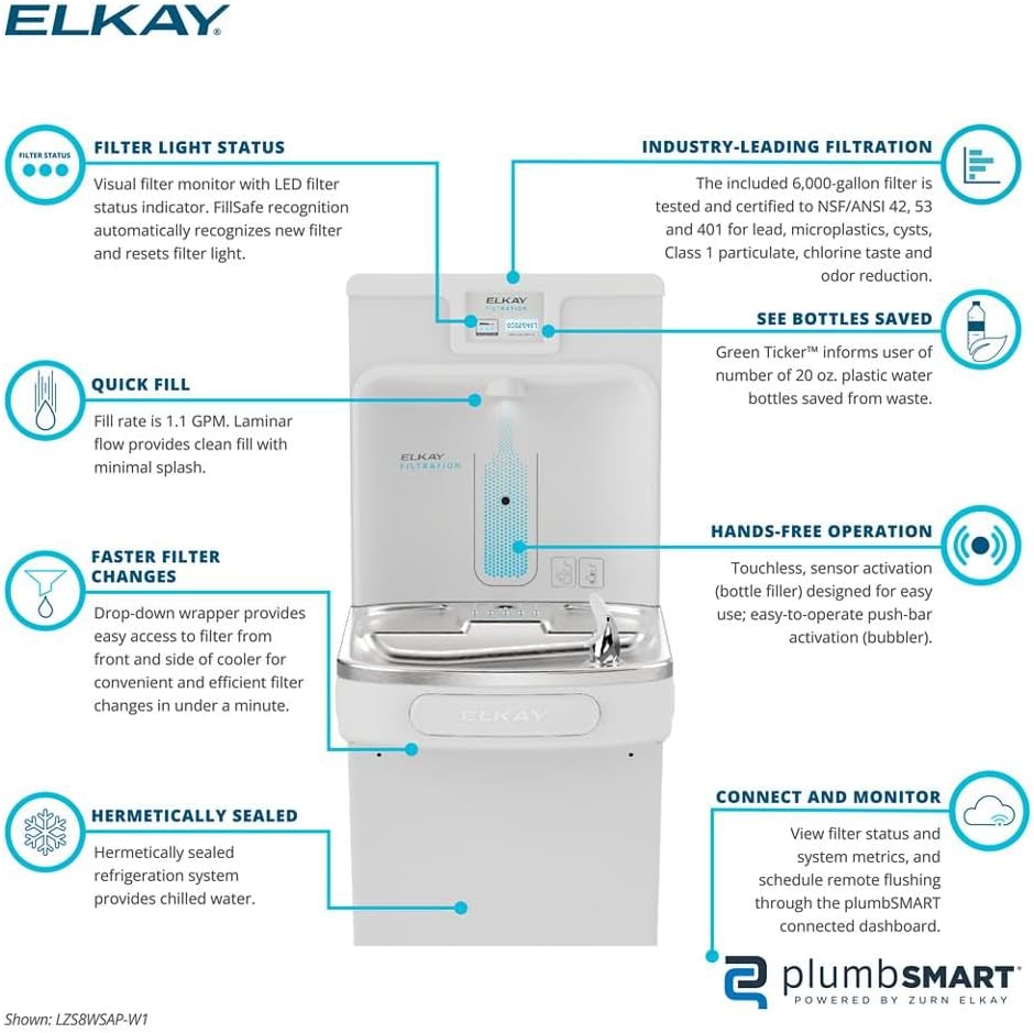 Elkay LZS8WSAP-W1 Enhanced Filtered Connected Bottle Filler & Single ADA Cooler Refrigerated Arctic White Lead Reduction Drop Down Wrapper
