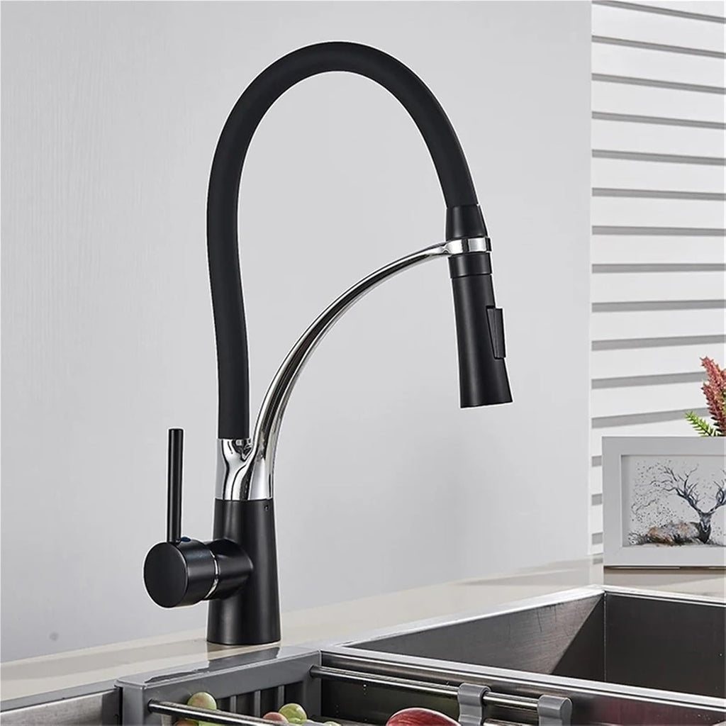 Pull Down Kitchen Faucet with Black Hose Deck Mounted Hot and Cold Water Mixer Sink Tap Swivel Kitchen Tap(Matte Black Chrome)