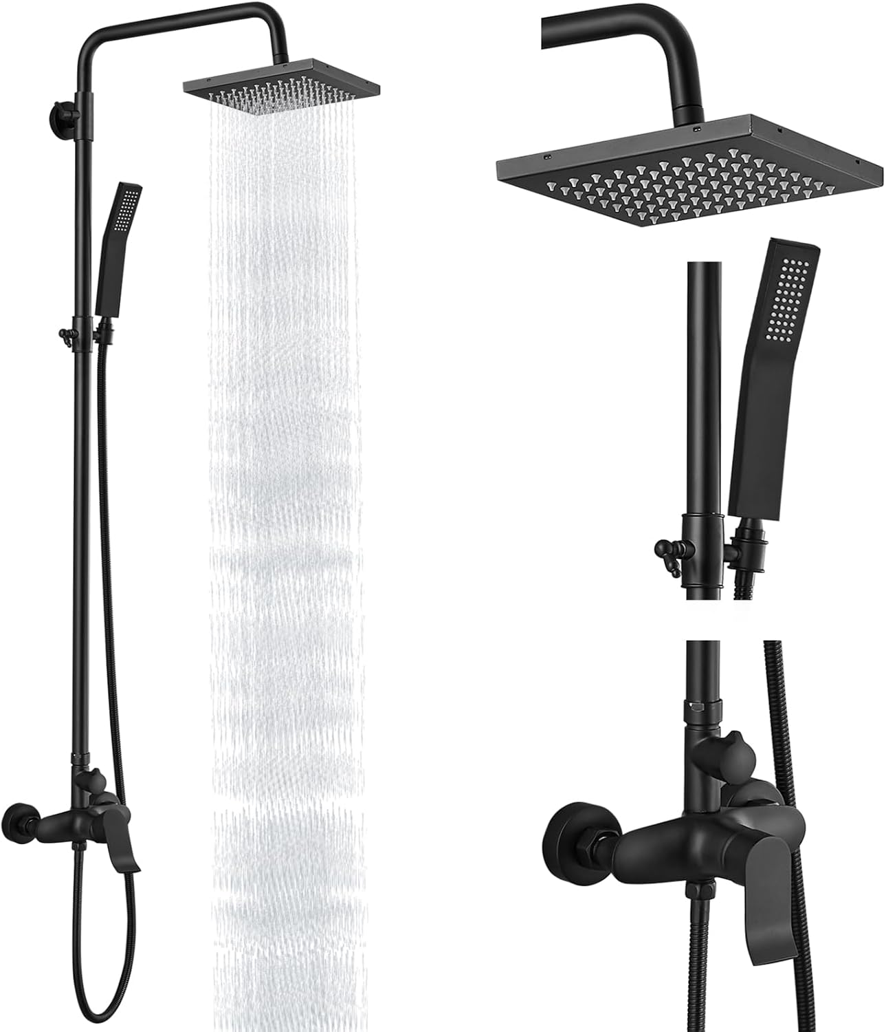 Heyalan Matte Black Exposed Shower System 2 Functional Bathroom Shower Set 8 Inch Square Rainfall Shower Head with Hand Sprayer Wall Mounted