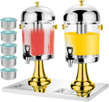 Commercial Drink Double Juice Dispensers w/5 Storage Box, 16L Cold & Warm Beverage Dispenser with 2 Bucket for Water, Flower Tea, Coffee, Sesame Oils,Gold，Gold