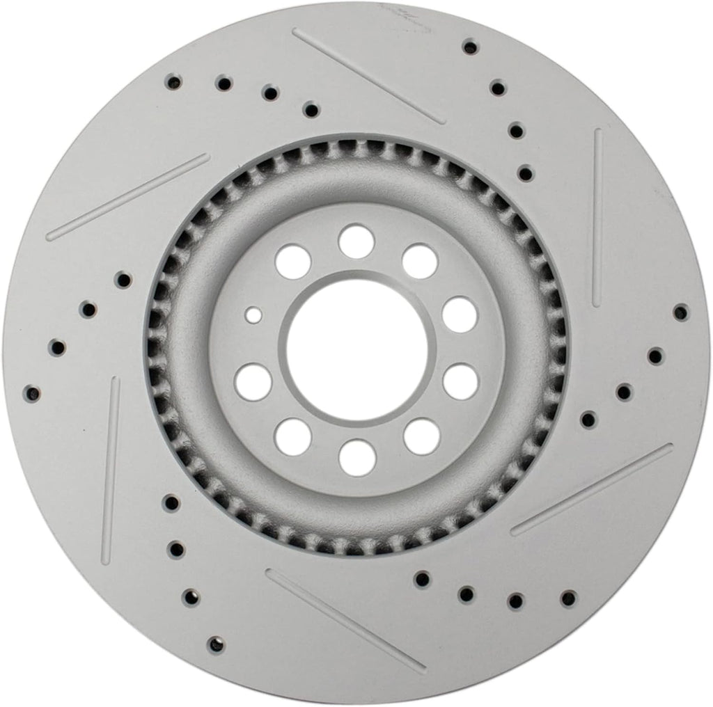 TRQ Performance Front Brake Pad and Rotor Set Ceramic Slotted Drilled G-Coated Compatible with 2000-2006 Audi TT 2000-2006 TT Quattro 2002-2003 Volkswagen Golf