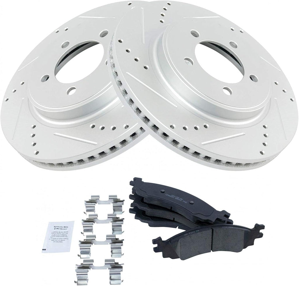 TRQ Performance Front Brake Pad and Rotor Set Ceramic Coated Drilled Slotted Vented Rotors Compatible with 2006-2010 Ford Explorer Mercury Mountaineer 2007-2010 Explorer Sport Trac