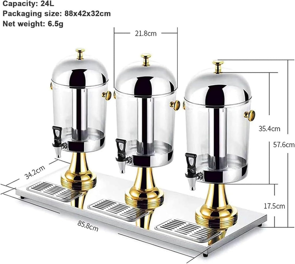 Glass Beverage Dispenser,Juice Dispenser, Stainless Steel Clear Glass Drink Dispenser Juice Beverage Dispensers Machine with Faucet Commercial(Gold,ThreeHead24L)