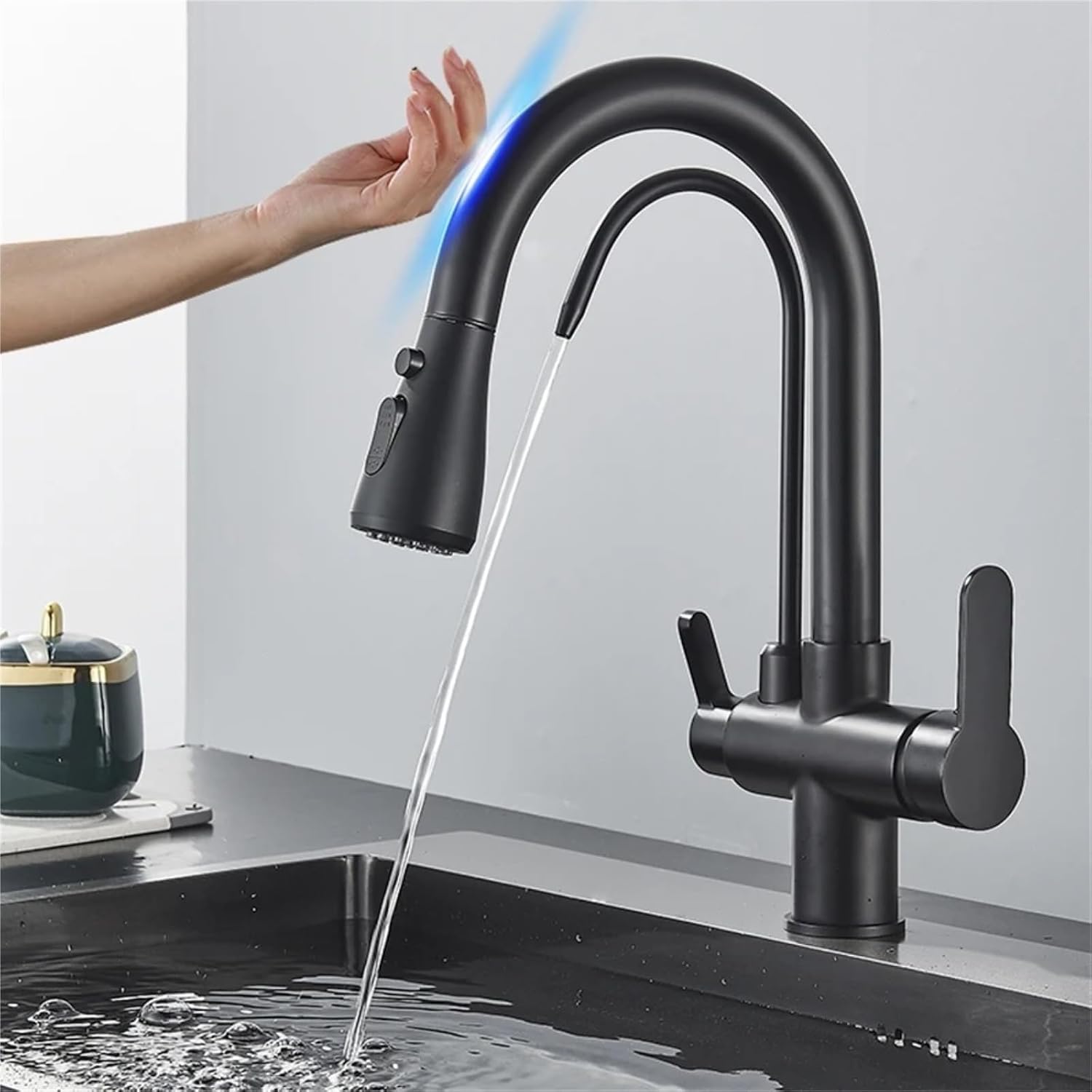 Smart Sensor Pure Water Kitchen Faucet 2 Model Spout Taps Deck Mount Daul Handle Filtered Cold Hot Water Mixer(Black)