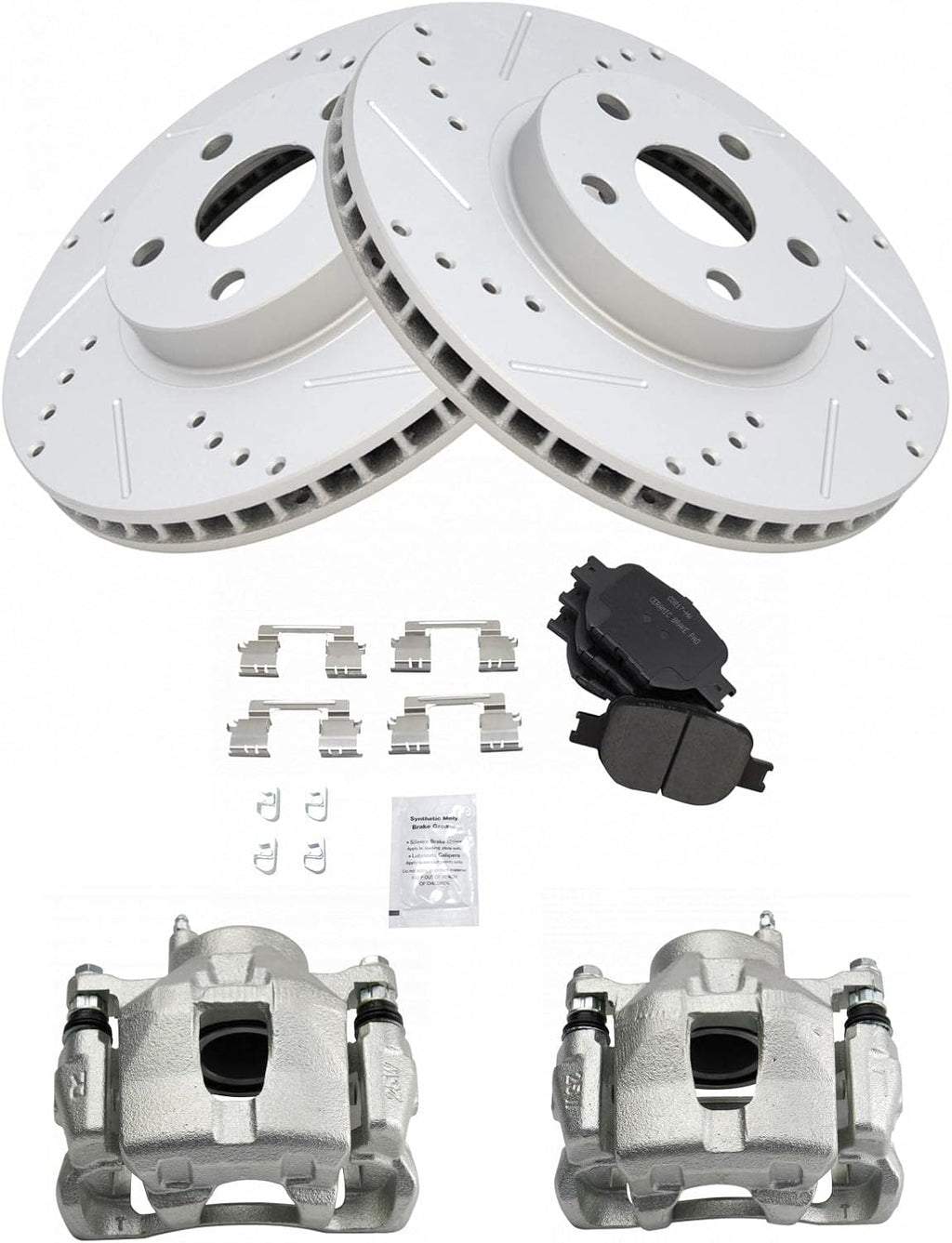 TRQ Performance Front Brake Pad and Rotor Set Ceramic Coated Drilled Slotted Vented Rotors Calipers Compatible with 2005-2010 Scion tC 2000-2005 Toyota Celica