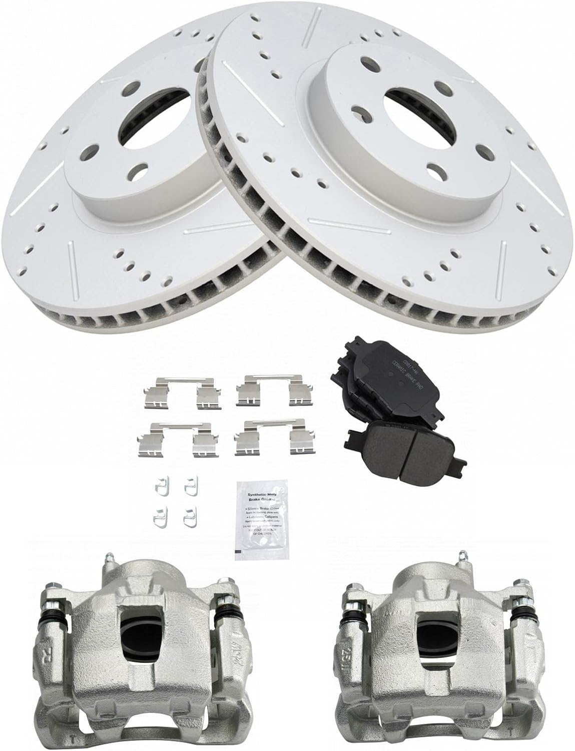 TRQ Performance Front Brake Pad and Rotor Set Ceramic Coated Drilled Slotted Vented Rotors Calipers Compatible with 2005-2010 Scion tC 2000-2005 Toyota Celica