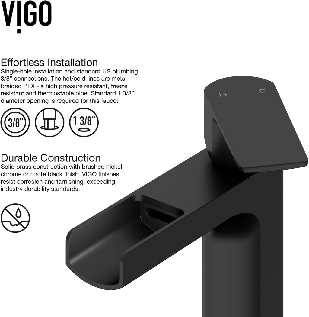 VIGO Amada Waterfall Single-Handle Single-Hole Mount Vessel Bathroom Sink Faucet, 10-Inch, Matte Black, Modern Design, Solid Brass, 1.2 GPM WaterSense & Ceramic Disc Valve, Corrosion-Resistant