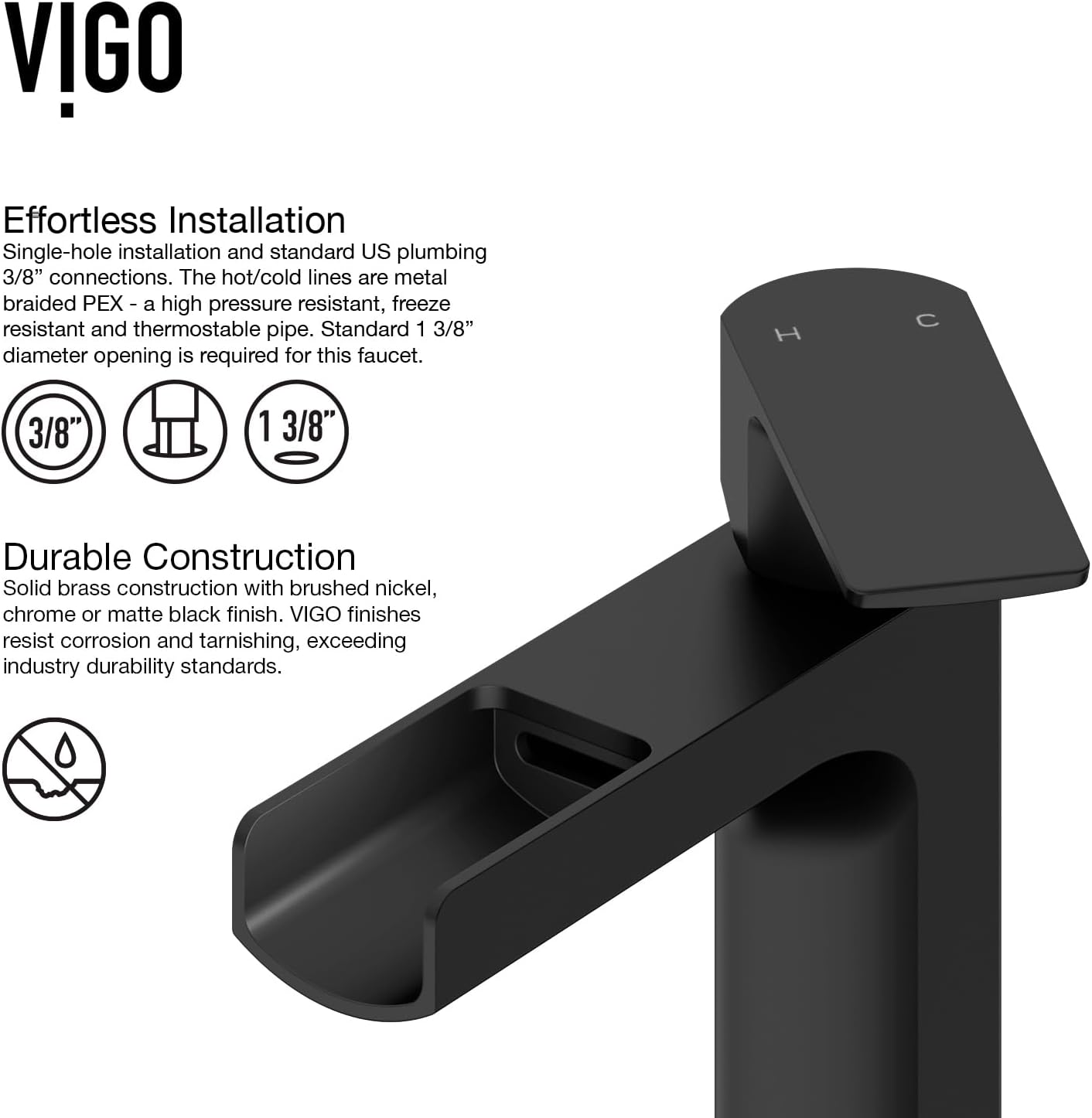 VIGO Amada Waterfall Single-Handle Single-Hole Mount Vessel Bathroom Sink Faucet, 10-Inch, Matte Black, Modern Design, Solid Brass, 1.2 GPM WaterSense & Ceramic Disc Valve, Corrosion-Resistant