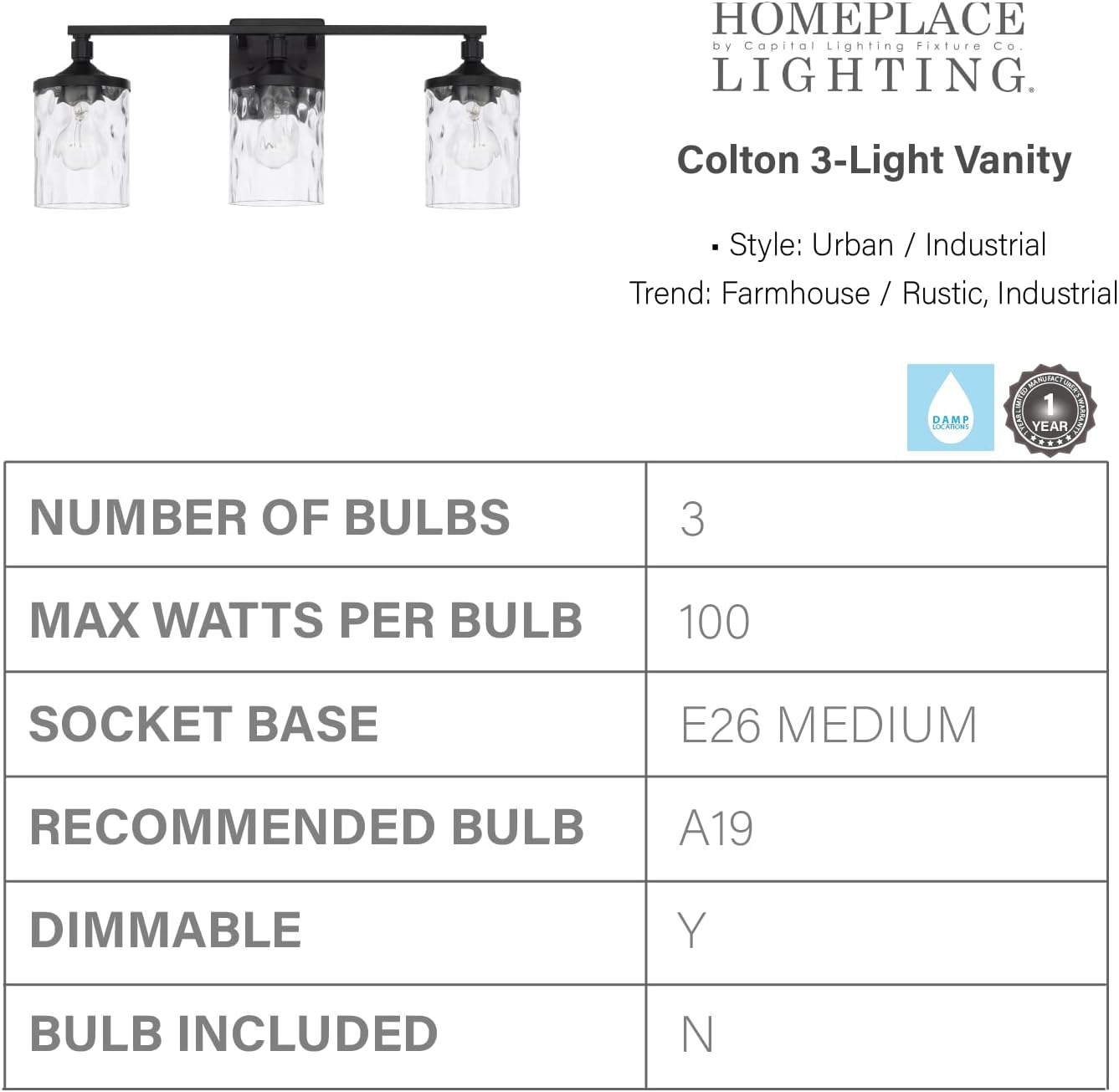 HomePlace Lighting 128831MB-451 Colton Mid-Century Clear Water Glass Bathroom Vanity Wall Light, 3-Light 300 Total Watts, 10' H x 24' W, Matte Black