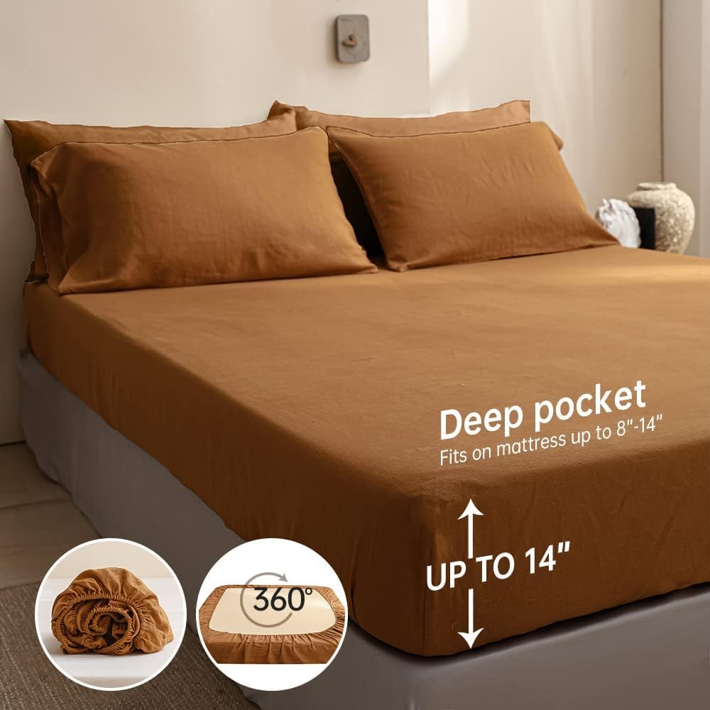 Simple&Opulence 100% Linen Sheets King Size Set, 6 Pcs Natural French Linen Bed Sheets, Breathable Soft Durable Bedding Set for All Season (Rust, King)