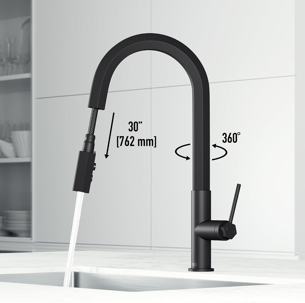 VIGO Hart Hexad 18'' H Single Handle Pull-Down Spout Kitchen Faucet in Matte Black-VG02034MB