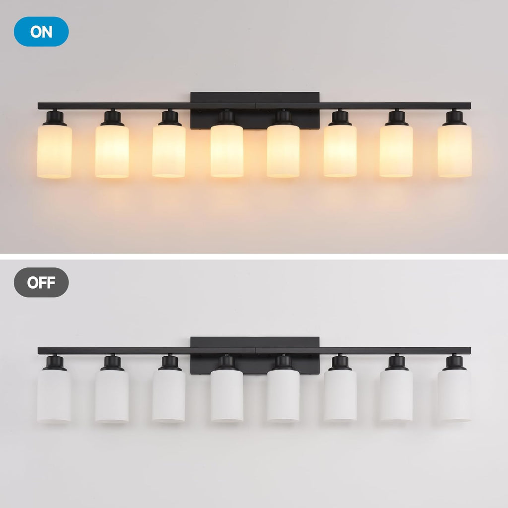 8-Light Matte Black Bathroom Vanity Light Modern Black Bathroom Light Fixtures Over Mirror Vintage Vanity Wall Sconce Light With White Glass Shade Wall Lamps For Living Room Bedroom Bulbs Not Included
