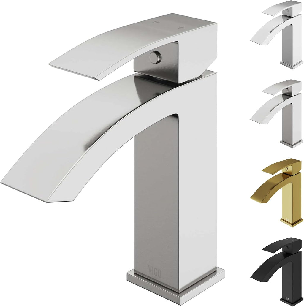 VIGO Satro Waterfall Single-Handle Single-Hole Mount Bathroom Sink Faucet, 7-Inch, Brushed Nickel, Modern Design, Solid Brass, 1.2 GPM WaterSense & Ceramic Disc Valve, Corrosion-Resistant