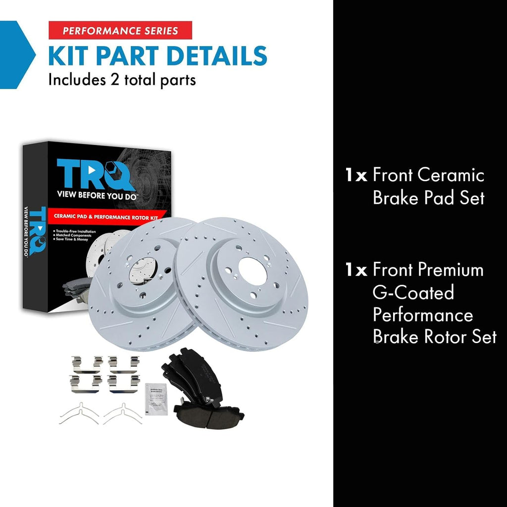 TRQ Performance Front Brake Pad and Rotor Set Ceramic Coated Drilled Slotted Vented Rotors Compatible with 2009-2014 Acura TL