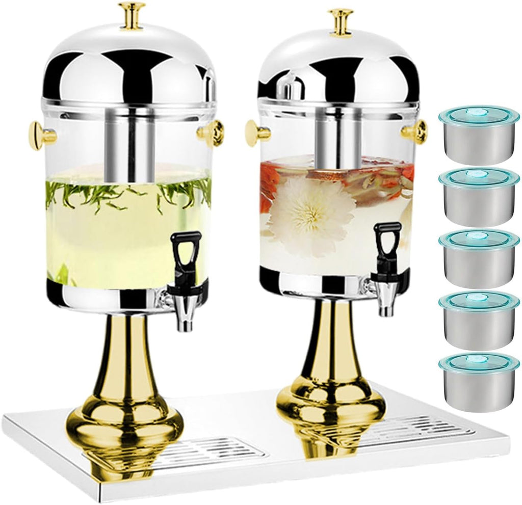 Commercial Juice Dispensers with Tap - Self-Service Beverage Dispenser Double Cold Drink Dispenser with Ice Container - Hot and Cold Dual-Purpose - 2 Bucket,go，Gold